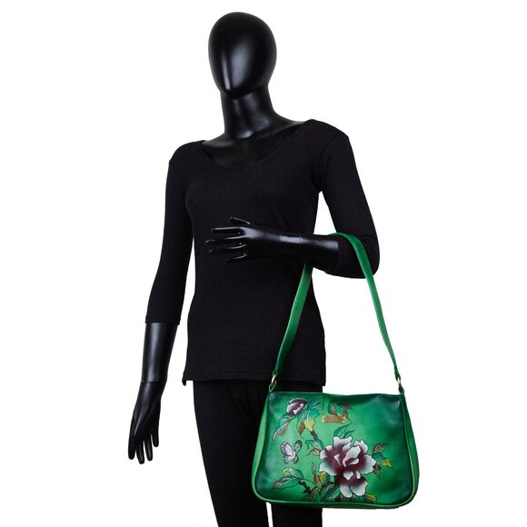 Hand-Painted Green Genuine Leather Shoulder Tote Bag for Women - Picture 7 of 7